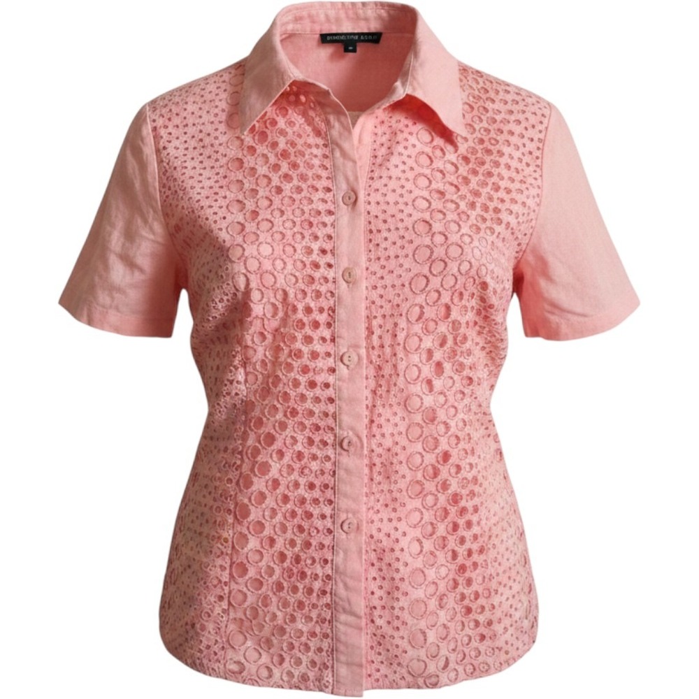 Jennifer Ann Linen Eyelet Button Down Shirt M Pink Short Sleeve Coastal Blouse